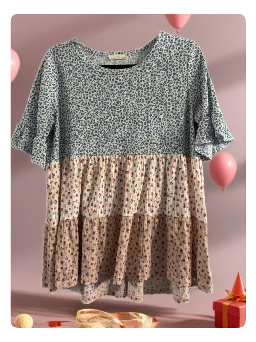 ODDY Blue & Cream Floral Tiered Peplum Top